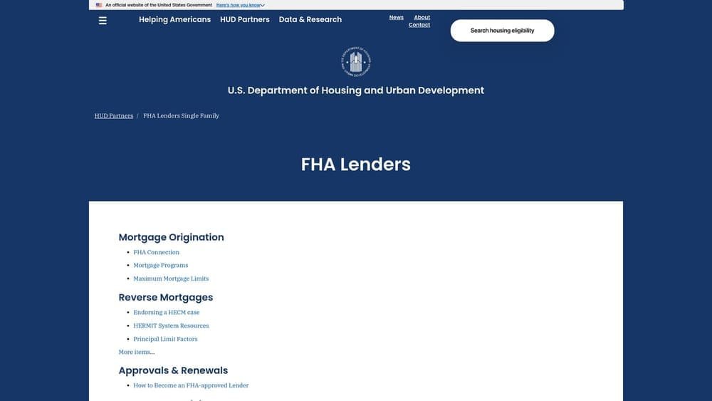 Screenshot of HUD FHA Loan Resource Center website