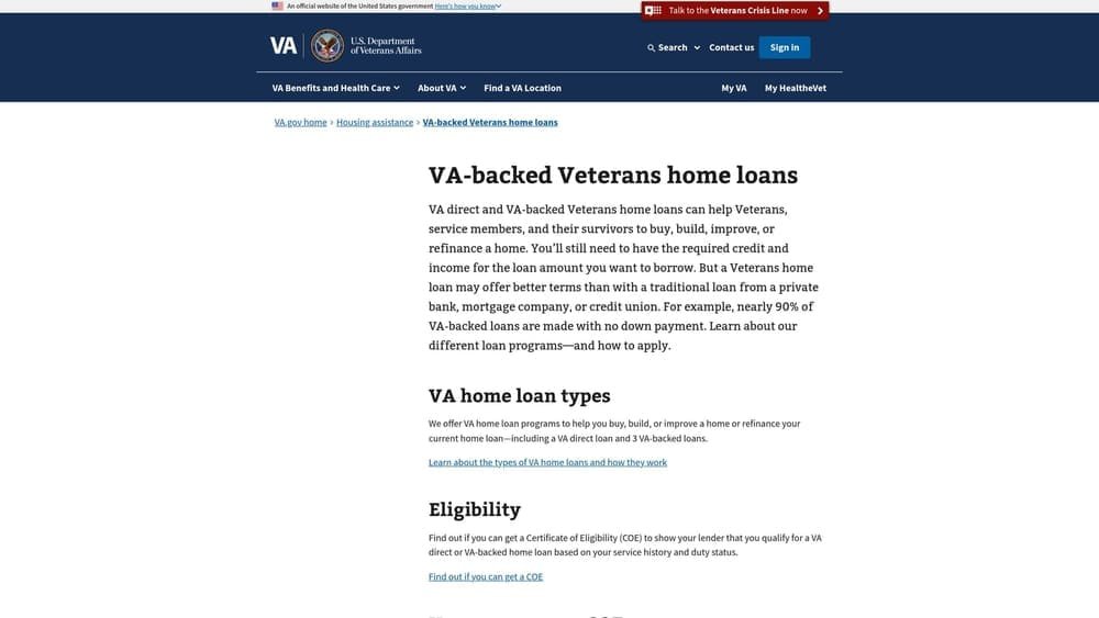 Screenshot of VA.gov Home Loan Benefits website